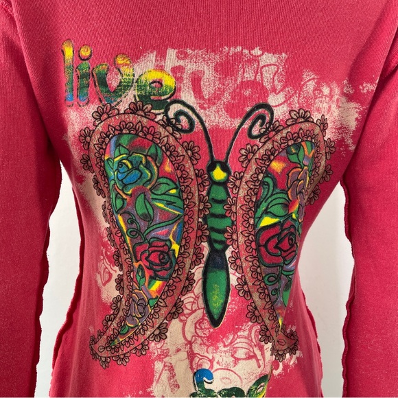 2B Free Pink Long Sleeve Sweatshirt Size M Raw Hem Butterfly Graphic Tattoo Art - Picture 5 of 10